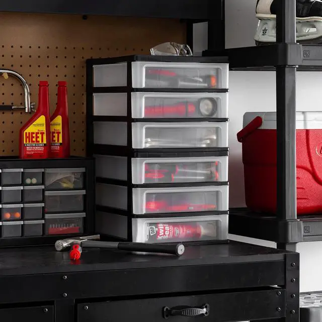 Alt view image 2 of 7 - 2-Pack, 3-Drawer Medium Plastic Stacking Desktop Organizer, Black Keep dorm desks organized with drawers for school supplies, makeup, snacks, chargers and everyday college essentials