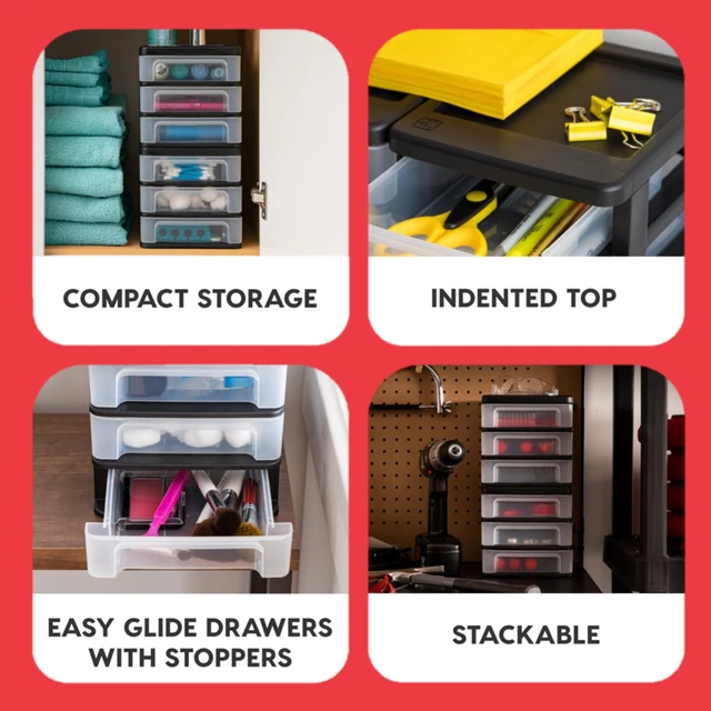 Alt view image 4 of 7 - 2-Pack, 3-Drawer Medium Plastic Stacking Desktop Organizer, Black Keep dorm desks organized with drawers for school supplies, makeup, snacks, chargers and everyday college essentials