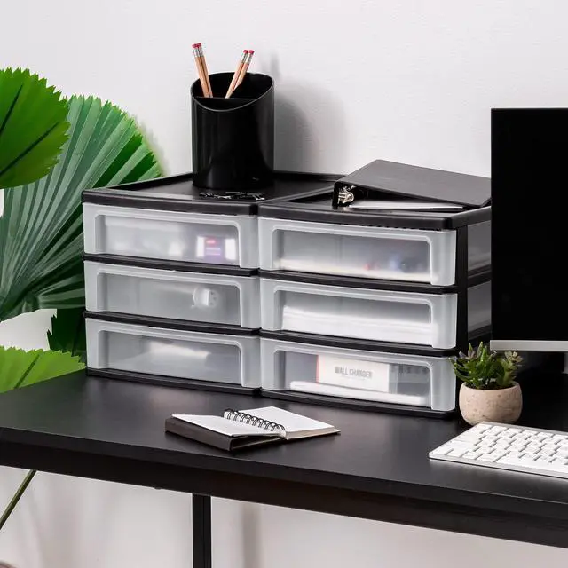 Alt view image 7 of 7 - 2-Pack, 3-Drawer Medium Plastic Stacking Desktop Organizer, Black Keep dorm desks organized with drawers for school supplies, makeup, snacks, chargers and everyday college essentials