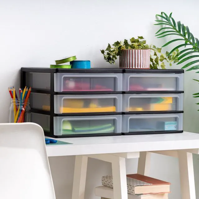 Alt view image 6 of 7 - 2-Pack, 3-Drawer Medium Plastic Stacking Desktop Organizer, Black Keep dorm desks organized with drawers for school supplies, makeup, snacks, chargers and everyday college essentials