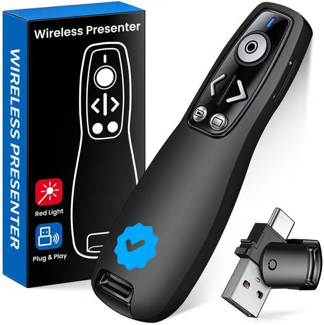 Main image of Wireless Presenter Clicker with Bluetooth & USB+Type-C Receiver, Red Laser Pointer, Powerpoint Clicker with Volume Control for PowerPoint/Keynote/Google Slides, Compatible with Laptop/Mac/PC/Android