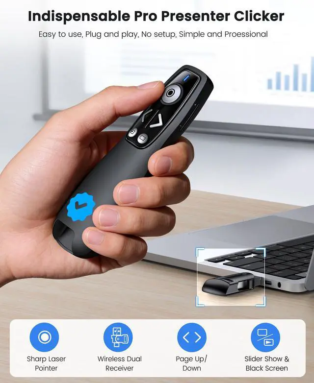 Alt view image 2 of 7 - Wireless Presenter Clicker with Bluetooth & USB+Type-C Receiver, Red Laser Pointer, Powerpoint Clicker with Volume Control for PowerPoint/Keynote/Google Slides, Compatible with Laptop/Mac/PC/Android