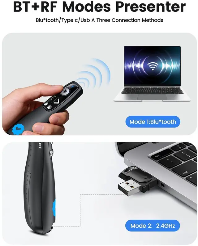 Alt view image 3 of 7 - Wireless Presenter Clicker with Bluetooth & USB+Type-C Receiver, Red Laser Pointer, Powerpoint Clicker with Volume Control for PowerPoint/Keynote/Google Slides, Compatible with Laptop/Mac/PC/Android