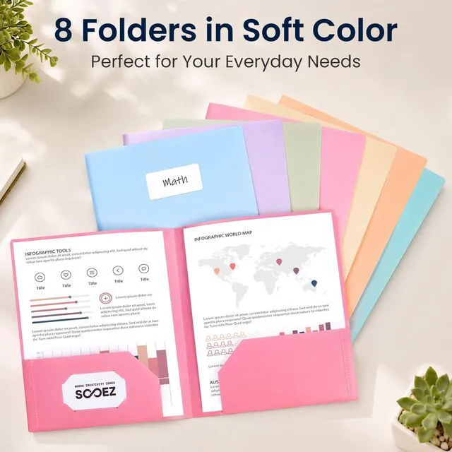 Alt view image 2 of 7 - 24 Pack File Folders with Pockets, Plastic 2 Pocket Folder, Pastels Tear-Resistant School Folders with Business Card Holder & Blank Label, Back to School Supplies Office Supplies, Letter Size
