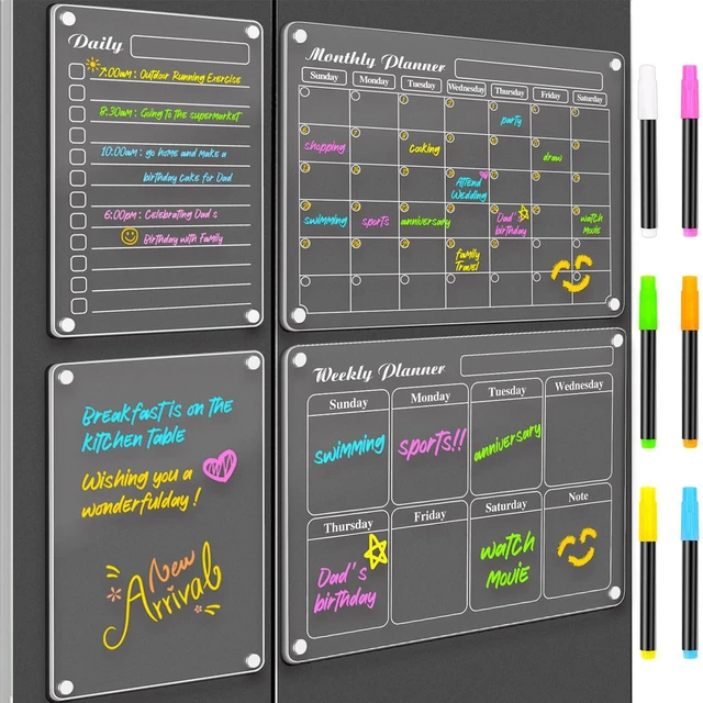 Main image of Magnetic Calendar, Fridge Magnets for Whiteboard 4 PCS Dry Erase Clear Monthly Weekly Daily Memo Acrylic Planning Boards Apartment Essentials for Refrigerator