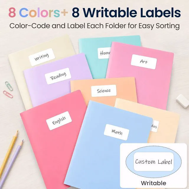 Alt view image 5 of 7 - 24 Pack File Folders with Pockets, Plastic 2 Pocket Folder, Pastels Tear-Resistant School Folders with Business Card Holder & Blank Label, Back to School Supplies Office Supplies, Letter Size