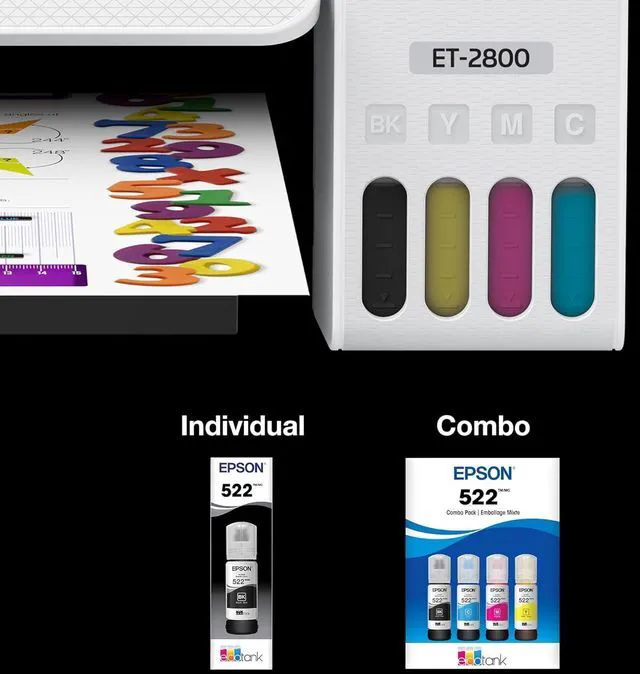 Alt view image 6 of 7 - 522 EcoTank Ink Ultra-high Capacity Bottle Black & Color Combo Pack (T522120-BCS) Works with ET-2720, 2800, 2803, 2840, 4700, 4800, 4810