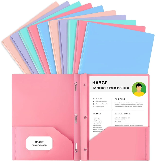 Main image of 2 Pocket Folder with Prongs (10 Pack, Pastel), Plastic Folders with Pockets Pastel Colors, Business Card Holder, Fit Letter Size, Organizing Papers, in School, Office, Business