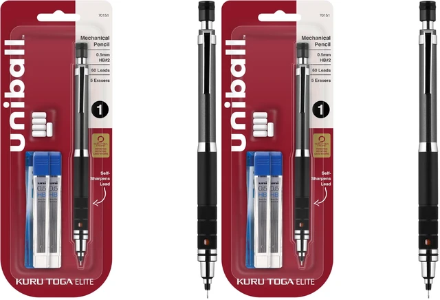 Main image of UNI uniball Kuru Toga Elite Mechanical Pencil Starter Kit,0.5mm,HB #2,Gun Metal Barrel,(Pack of 2)