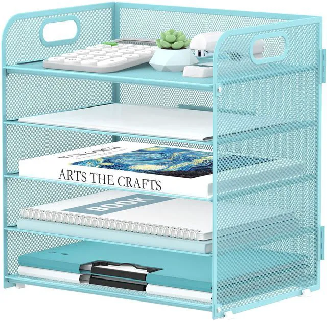 Main image of 5 Trays Paper Organizer Letter Tray with Handle-Mesh Desk File Organizer, Paper Sorter Desk Organizer for Office, Home or School (Light Blue)