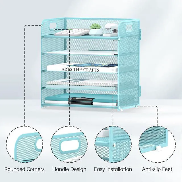 Alt view image 3 of 6 - 5 Trays Paper Organizer Letter Tray with Handle-Mesh Desk File Organizer, Paper Sorter Desk Organizer for Office, Home or School (Light Blue)