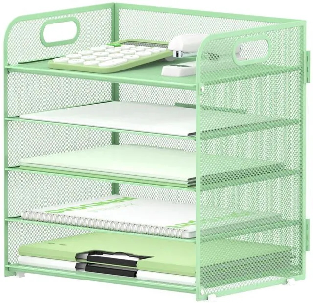 Main image of 5 Trays Paper Organizer Letter Tray with Handle-Mesh Desk File Holders, Paper Sorter Desk Organizer for Office, Home, Classroom or School(Mint Green)