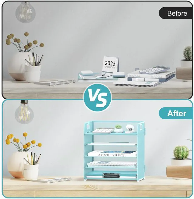 Alt view image 6 of 6 - 5 Trays Paper Organizer Letter Tray with Handle-Mesh Desk File Organizer, Paper Sorter Desk Organizer for Office, Home or School (Light Blue)
