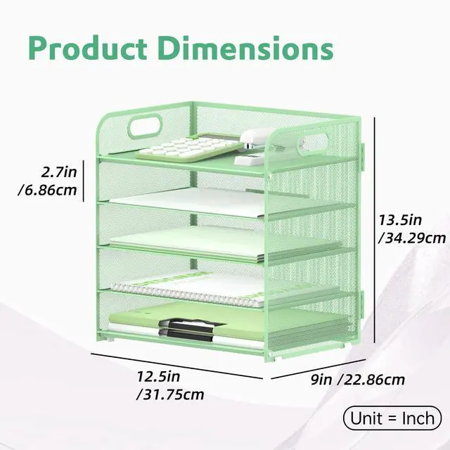 Alt view image 2 of 6 - 5 Trays Paper Organizer Letter Tray with Handle-Mesh Desk File Holders, Paper Sorter Desk Organizer for Office, Home, Classroom or School(Mint Green)