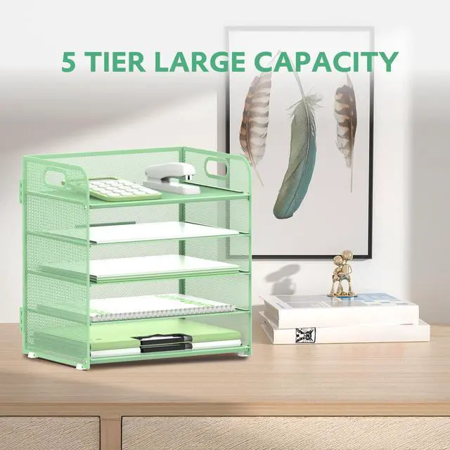 Alt view image 4 of 6 - 5 Trays Paper Organizer Letter Tray with Handle-Mesh Desk File Holders, Paper Sorter Desk Organizer for Office, Home, Classroom or School(Mint Green)