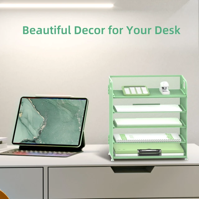 Alt view image 5 of 6 - 5 Trays Paper Organizer Letter Tray with Handle-Mesh Desk File Holders, Paper Sorter Desk Organizer for Office, Home, Classroom or School(Mint Green)