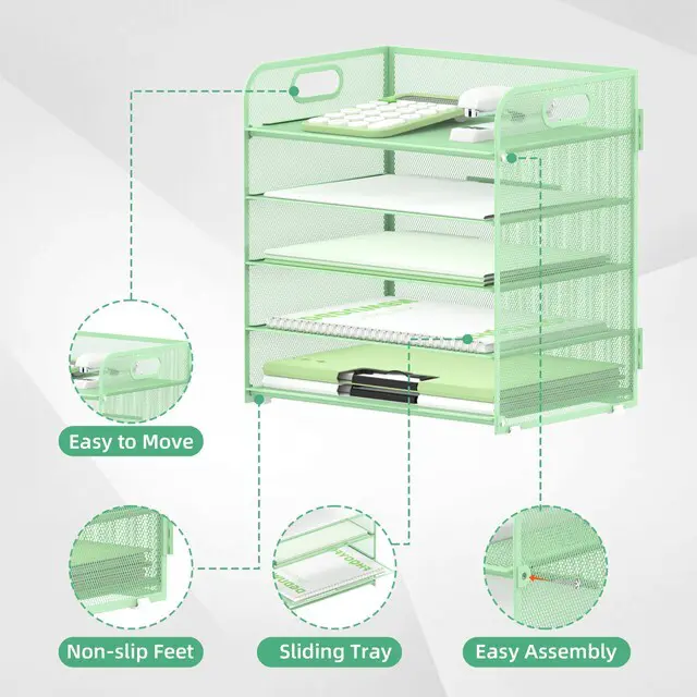 Alt view image 3 of 6 - 5 Trays Paper Organizer Letter Tray with Handle-Mesh Desk File Holders, Paper Sorter Desk Organizer for Office, Home, Classroom or School(Mint Green)