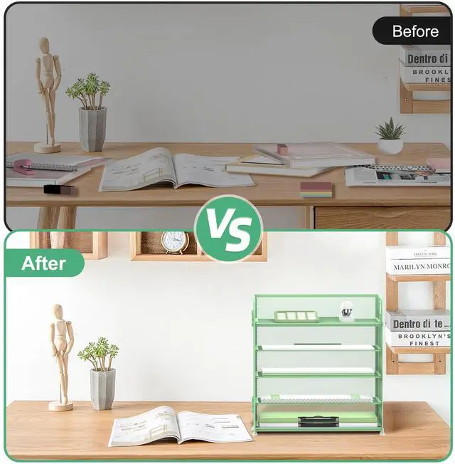 Alt view image 6 of 6 - 5 Trays Paper Organizer Letter Tray with Handle-Mesh Desk File Holders, Paper Sorter Desk Organizer for Office, Home, Classroom or School(Mint Green)
