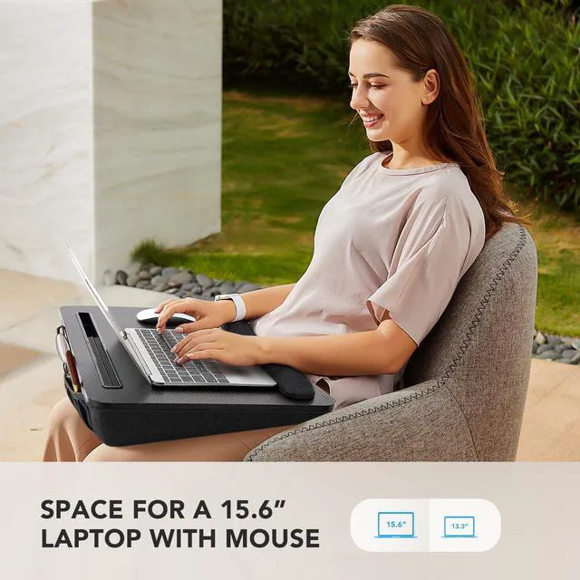 Alt view image 2 of 7 - Laptop Lap Desk with Cushion, Fit up to 17" Laptop, Black Portable Lap Desk with Pillow Cushion, Anti-Slip Strip & Storage Function for Home Office Students as Computer Laptop Stand