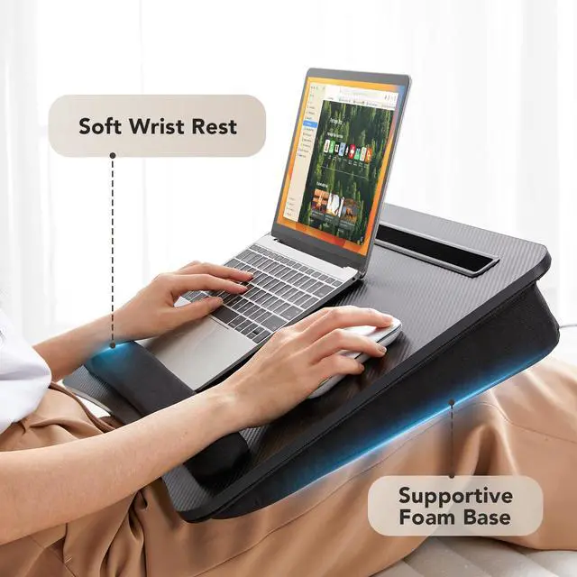 Alt view image 4 of 7 - Laptop Lap Desk with Cushion, Fit up to 17" Laptop, Black Portable Lap Desk with Pillow Cushion, Anti-Slip Strip & Storage Function for Home Office Students as Computer Laptop Stand