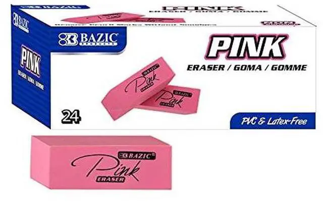 Main image of Pink Bevel Block Erasers, Latex-Free, PVC-Free, 24-Box soft latex-free rubber, pink beveled block erasers, Erases pencil and lead cleanly without smudging or tearing, Bulk box