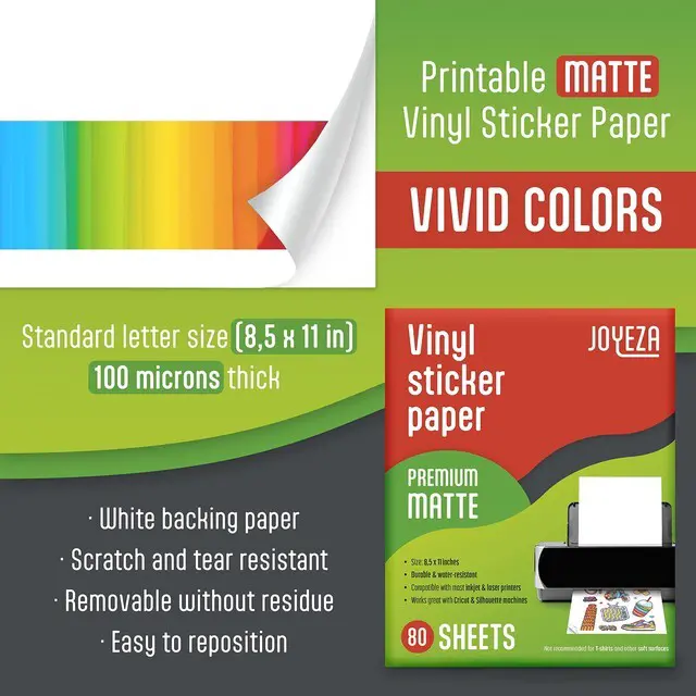 Alt view image 2 of 7 - Premium Printable Vinyl Sticker Paper for Inkjet Printer - 80 Sheets Matte White Waterproof, Dries Quickly Vivid Colors, Holds Ink Well- Tear Resistant - Inkjet & Laser Printer