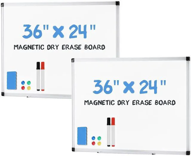 Main image of Magnetic White Board Kit Set of 2, 36" x 24" Dry Erase Board with 1 Dry Eraser & 2 Multicolor Markers & 4 Magnetic Pins, Silver Reinforced Aluminum Frame for Home, School, Office