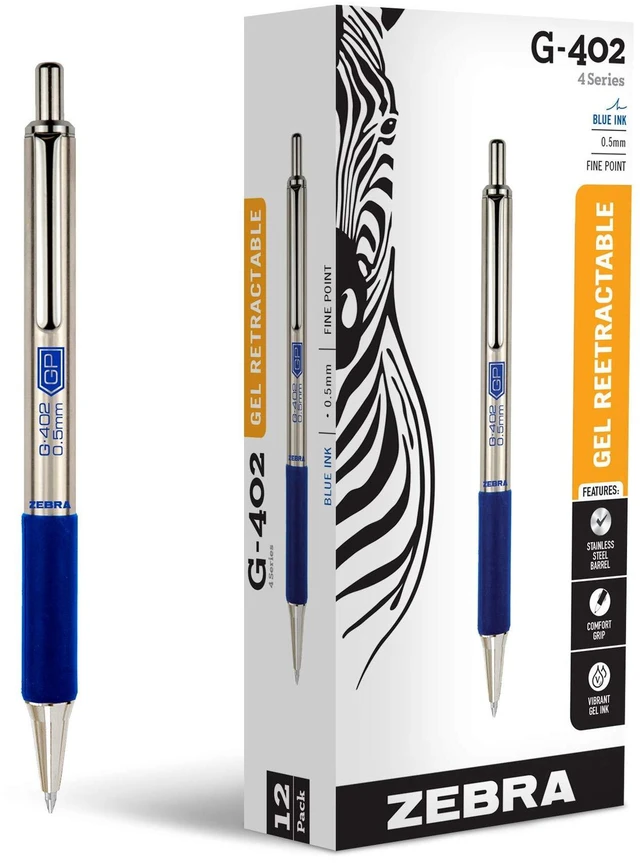 Main image of STEEL G-402 Retractable Gel Pen, Blue Ink, 0.5mm, 12-Pack Stainless Steel Weighted Barrel, Comfort Grip, Easy-Glide Smooth, Skipless Ink, Fine Point, School & Office Supplies (49920)
