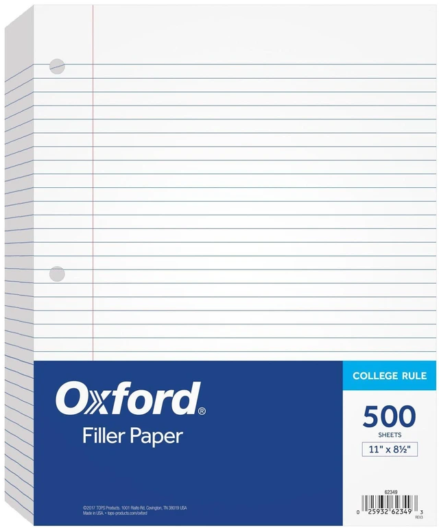 Main image of Loose Leaf Paper, 500 Sheets, College Rule Filler Notebook Paper, 8-1/2" x 11", 3-Hole Punched Fits 3-Ring Binders (62349)