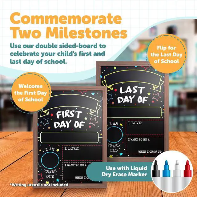 Alt view image 2 of 7 - First Day Last Day of School Double Sided Sign with Frame (Reusable Dry Erase Board for Liquid Chalk Markers - 9.17" x 13.27") Double Sided and Reusable - For use with Liquid Chalk Markers