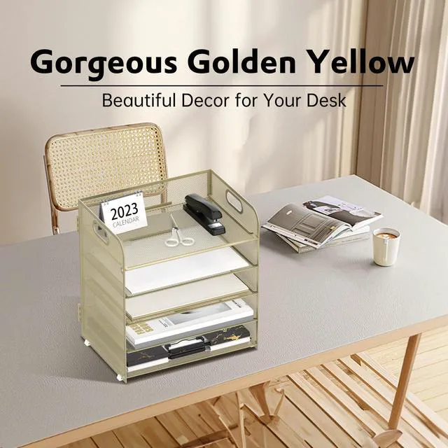 Alt view image 2 of 6 - 5 Trays Paper Organizer Letter Tray with Handle-Mesh Desk File Organizer,Pink Paper Sorter Desk Organizer for Office, Home or School (Gold Yellow)