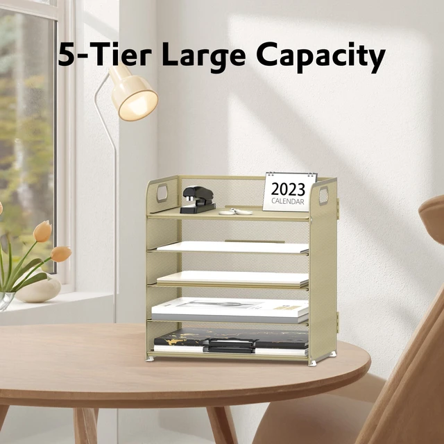 Alt view image 4 of 6 - 5 Trays Paper Organizer Letter Tray with Handle-Mesh Desk File Organizer,Pink Paper Sorter Desk Organizer for Office, Home or School (Gold Yellow)