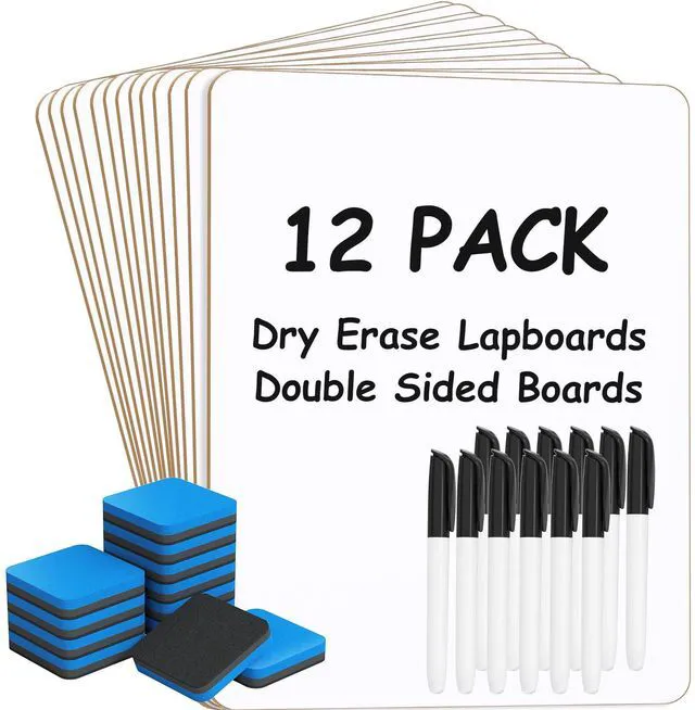 Main image of Double Sided Dry Erase Board, 9'' x 12'' Small White Board, 12 Pack Reusable Double Sided Surface, Easy to Write and Erase, Portable Small Learning Board, Includes 12 Markers and 12 Erasers