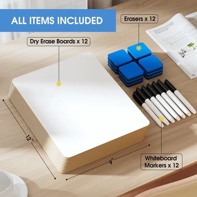 Alt view image 7 of 7 - Double Sided Dry Erase Board, 9'' x 12'' Small White Board, 12 Pack Reusable Double Sided Surface, Easy to Write and Erase, Portable Small Learning Board, Includes 12 Markers and 12 Erasers