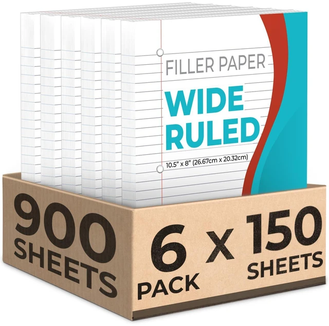 Main image of 900 Sheets Loose Leaf Paper, 6 Pack, Wide Ruled Filler Paper Bulk Office Filler Paper, 8" x 10.5", 3 Hole Punched, 150 Sheets/Pack, Wide Ruled Notebook Paper for Binder, White