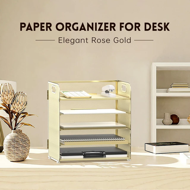 Alt view image 2 of 6 - 5 Trays Paper Organizer Letter Tray with Handle-Mesh Desk File Organizer, Paper Sorter Desk Organizer for Office, Home or School (Golden)