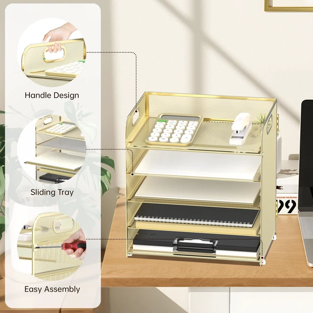 Alt view image 3 of 6 - 5 Trays Paper Organizer Letter Tray with Handle-Mesh Desk File Organizer, Paper Sorter Desk Organizer for Office, Home or School (Golden)