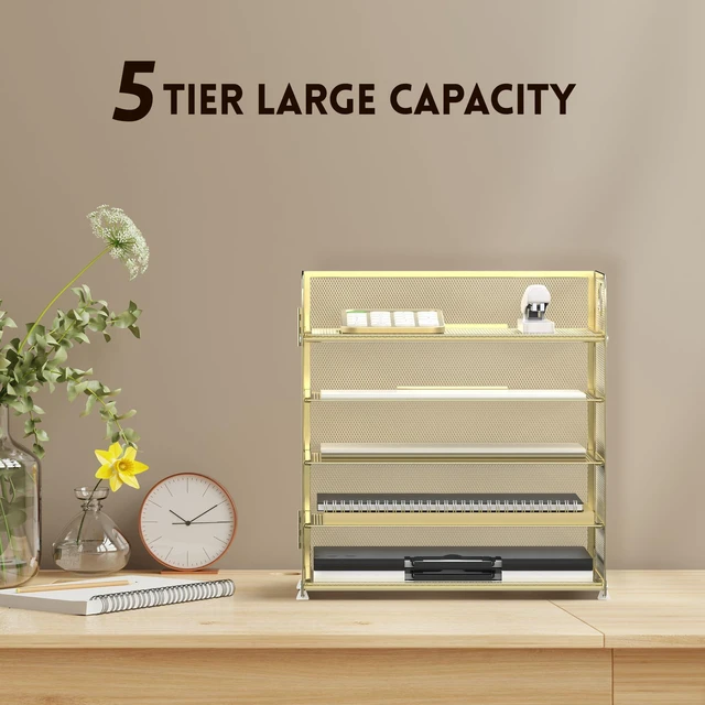 Alt view image 4 of 6 - 5 Trays Paper Organizer Letter Tray with Handle-Mesh Desk File Organizer, Paper Sorter Desk Organizer for Office, Home or School (Golden)