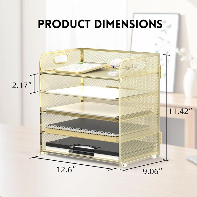 Alt view image 5 of 6 - 5 Trays Paper Organizer Letter Tray with Handle-Mesh Desk File Organizer, Paper Sorter Desk Organizer for Office, Home or School (Golden)