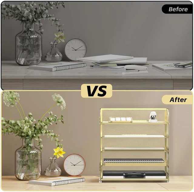 Alt view image 6 of 6 - 5 Trays Paper Organizer Letter Tray with Handle-Mesh Desk File Organizer, Paper Sorter Desk Organizer for Office, Home or School (Golden)