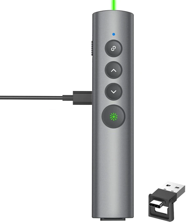 Main image of Aluminum Alloy Presentation Clicker with Green Laser Pointer 2in1 USB/Type C Receiver Wireless Presenter Remote PowerPoint Clicker for Computer Laptop/PPT/Google Slides/Windows/Mac