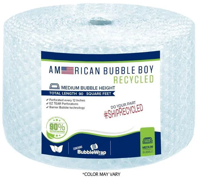 Main image of Large roll of 90 Feet of Recycled Medium Bubble wrap for packing, moving and shipping for your business essentials. Eco friendly and made from 90% post-consumer materials by