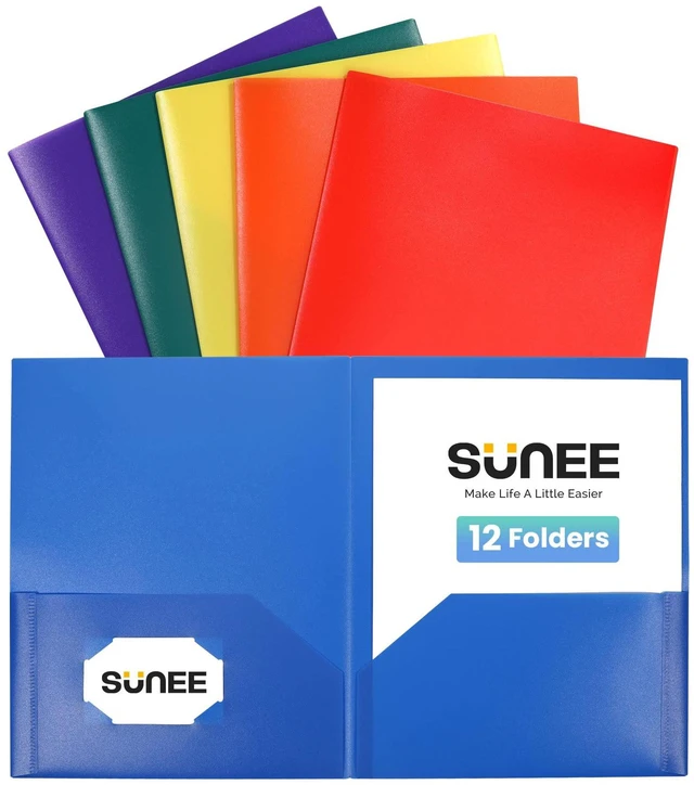 Main image of 2 Pocket Folder (12 Pack, Assorted Colors) Heavy Duty Plastic Folders with Pockets Fit Letter-Size Papers, Two-Pocket Poly Folders Bulk for School, College, Office