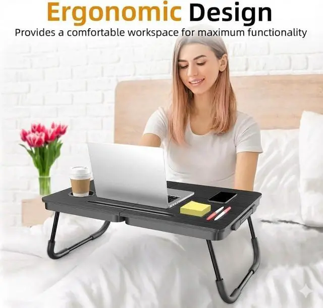Alt view image 5 of 6 - 23.4" Foldable Lap Desk Bed Table with Cup Holder Tray Charcoal Portable Folds Flat for Easy Storage, No Assembly Laptop Bed Desk, Sturdy and Lightweight, Patent Design