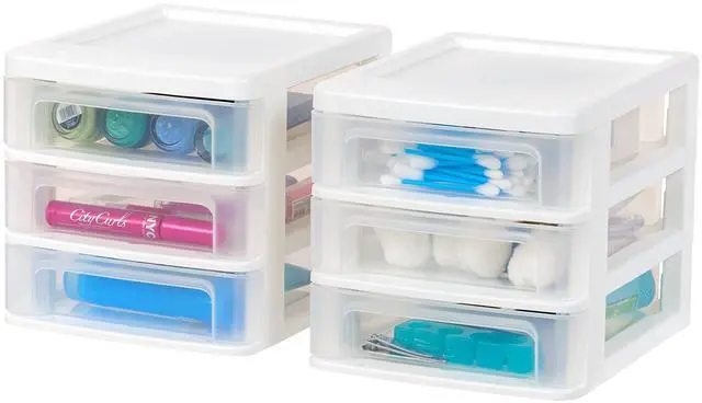 Main image of 2-Pack, 3-Drawer Small Plastic Stacking Desktop Organizer, White Keep dorm desks tidy with drawers for school supplies, makeup, chargers, snacks and everyday college essentials