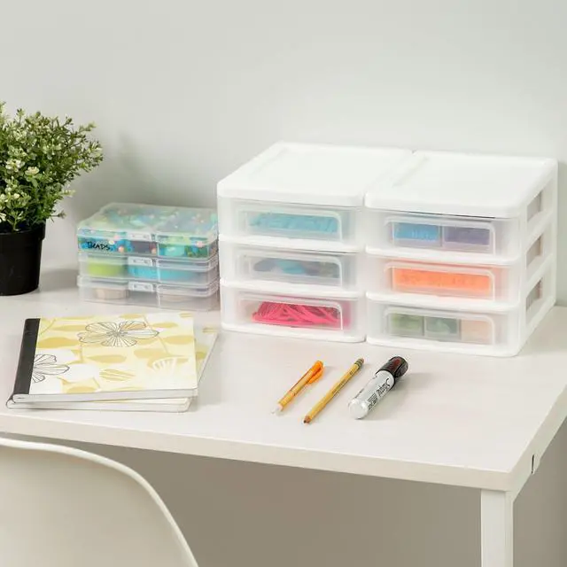 Alt view image 2 of 6 - 2-Pack, 3-Drawer Small Plastic Stacking Desktop Organizer, White Keep dorm desks tidy with drawers for school supplies, makeup, chargers, snacks and everyday college essentials