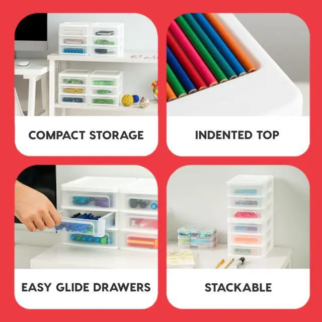 Alt view image 4 of 6 - 2-Pack, 3-Drawer Small Plastic Stacking Desktop Organizer, White Keep dorm desks tidy with drawers for school supplies, makeup, chargers, snacks and everyday college essentials