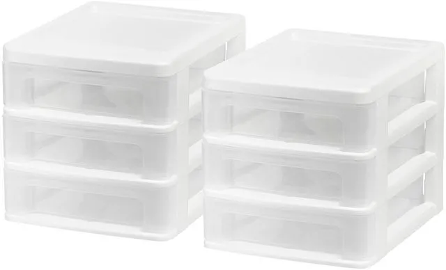 Alt view image 5 of 6 - 2-Pack, 3-Drawer Small Plastic Stacking Desktop Organizer, White Keep dorm desks tidy with drawers for school supplies, makeup, chargers, snacks and everyday college essentials
