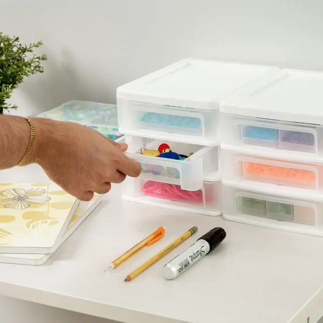 Alt view image 6 of 6 - 2-Pack, 3-Drawer Small Plastic Stacking Desktop Organizer, White Keep dorm desks tidy with drawers for school supplies, makeup, chargers, snacks and everyday college essentials