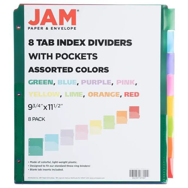 Alt view image 3 of 7 - Plastic Index 8-Tab Dividers w/Double Pockets - 9 3/4 x 11 1/2 - Assorted Multi-Color - 8 Tabbed Dividers/Pack
